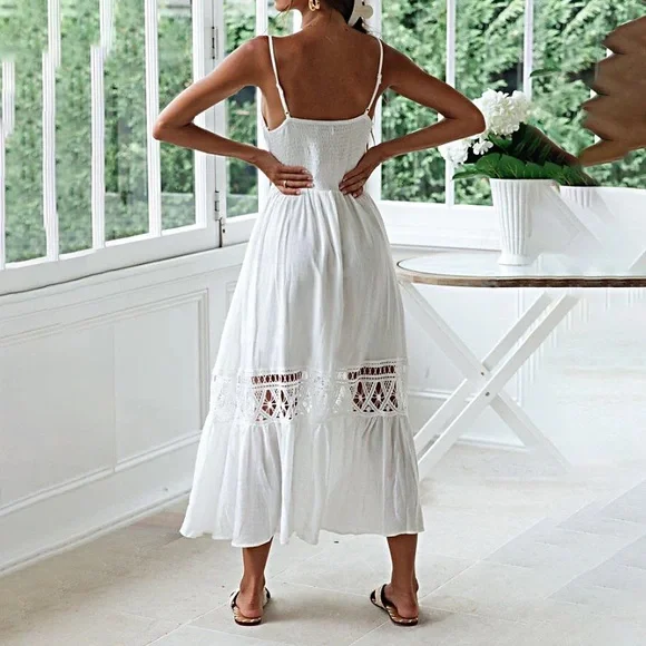 Elegant White Maxi Dress with Lace Details boho - Picture 9 of 10